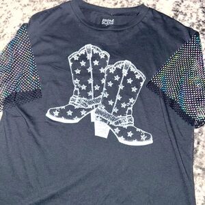 Social Scene Western Boots Shirt With Beads Embellished Sleeves Grey